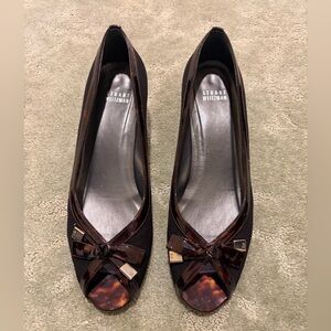 Stuart Weitzman Peep-Toe Kitten Heels with Tortoiseshell Patent Leather Trim